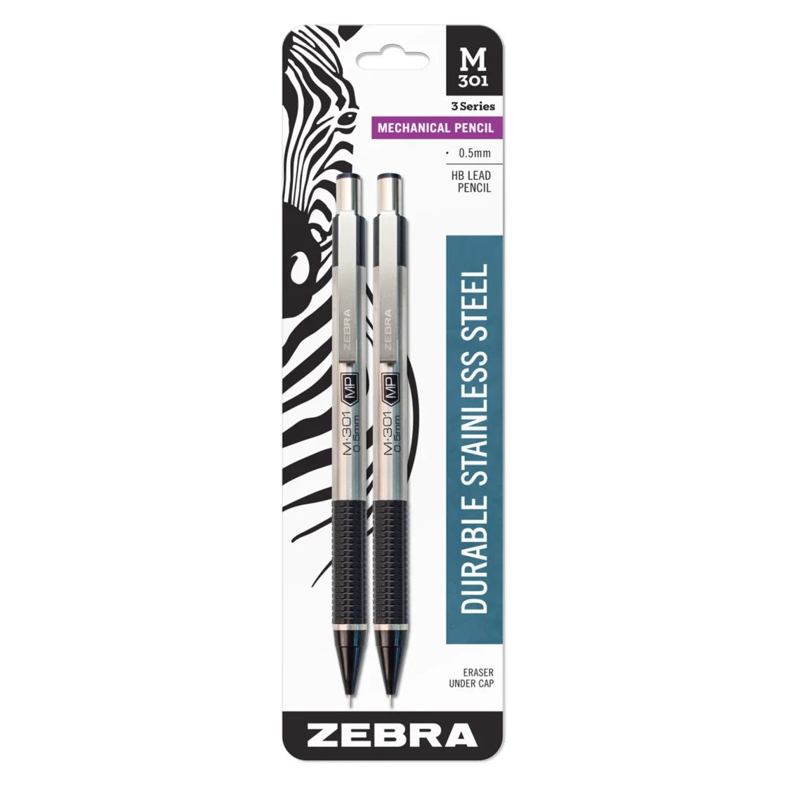 Zebra M-301 Stainless Steel Mechanical Pencil, 0.5Mm Point Size, Black Grip 2Pk (54012)