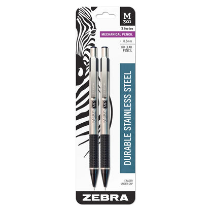 Zebra M-301 Stainless Steel Mechanical Pencil, 0.5Mm Point Size, Black Grip 2Pk (54012)